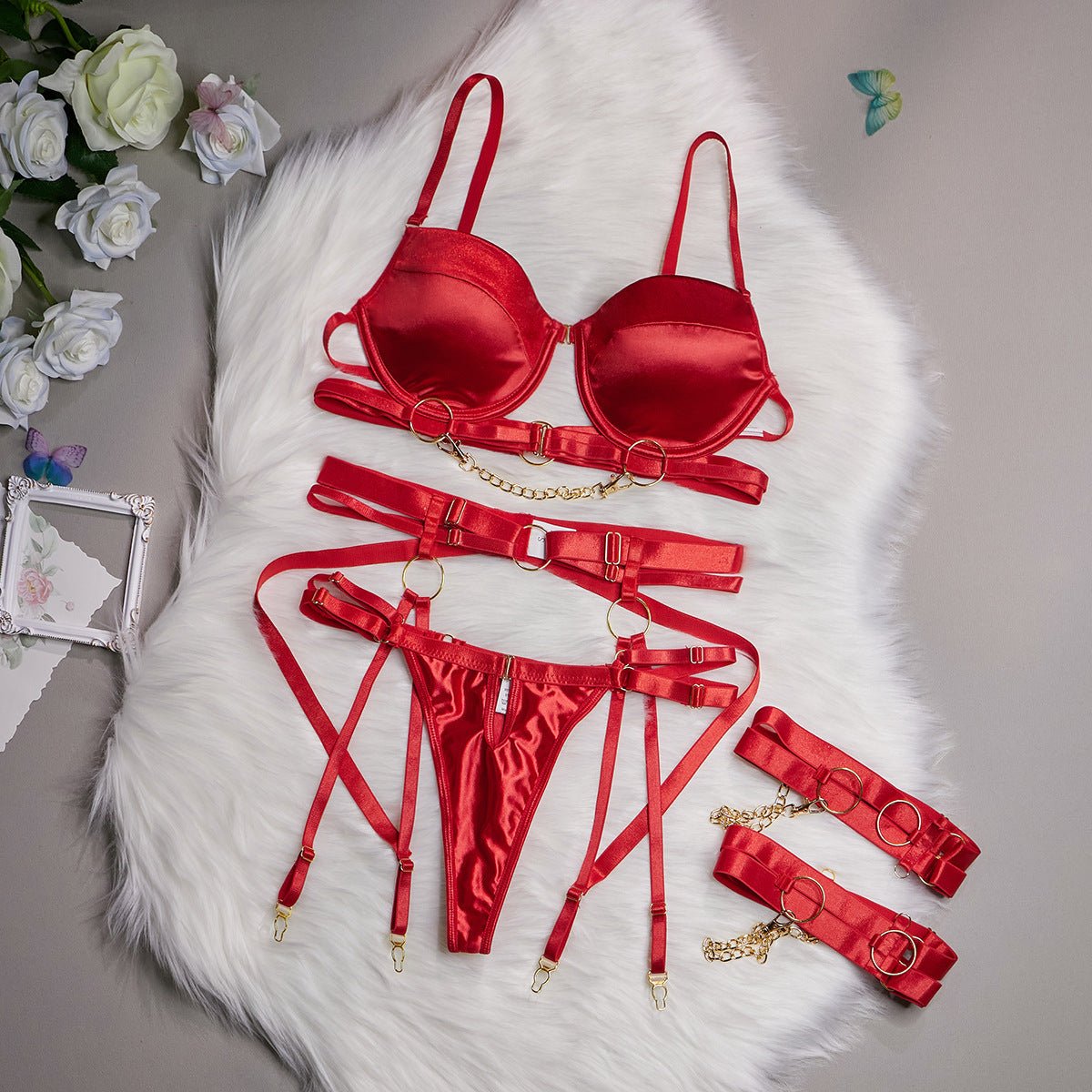 Ensemble lingerie quatre pièces avec tour de cuisses - INTIME - Rouge - NAKED Underwear FR