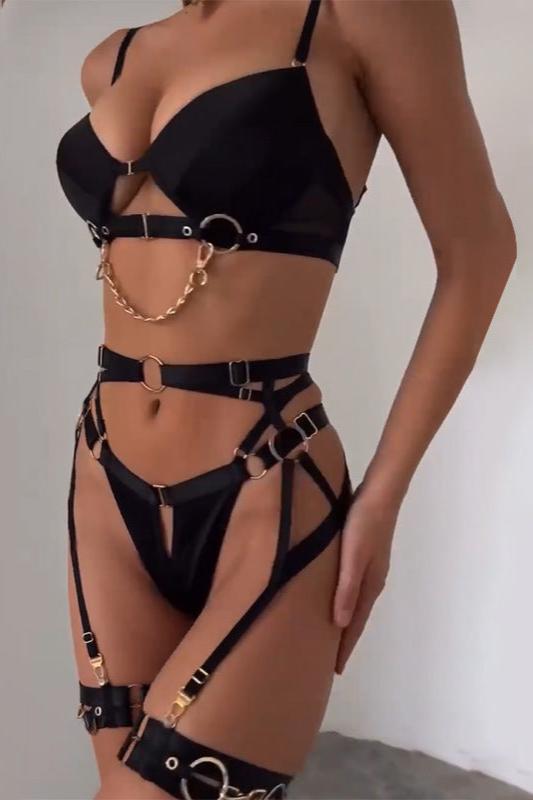 Ensemble en dentelle trois pièces avec tour de cuisses - INTIME - Noir - NAKED Underwear FR