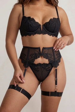 Ensemble lingerie pour femme quatre pièces avec tours de cuisse et gants - FLAME Noir